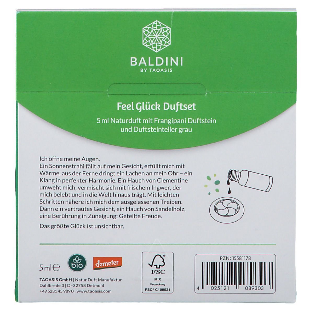 Verpackung von TAOASIS® Baldini Feelglück Duftset. Grün-weiße Schachtel mit Produktnamen, Logo und Text. FSC-Siegel.