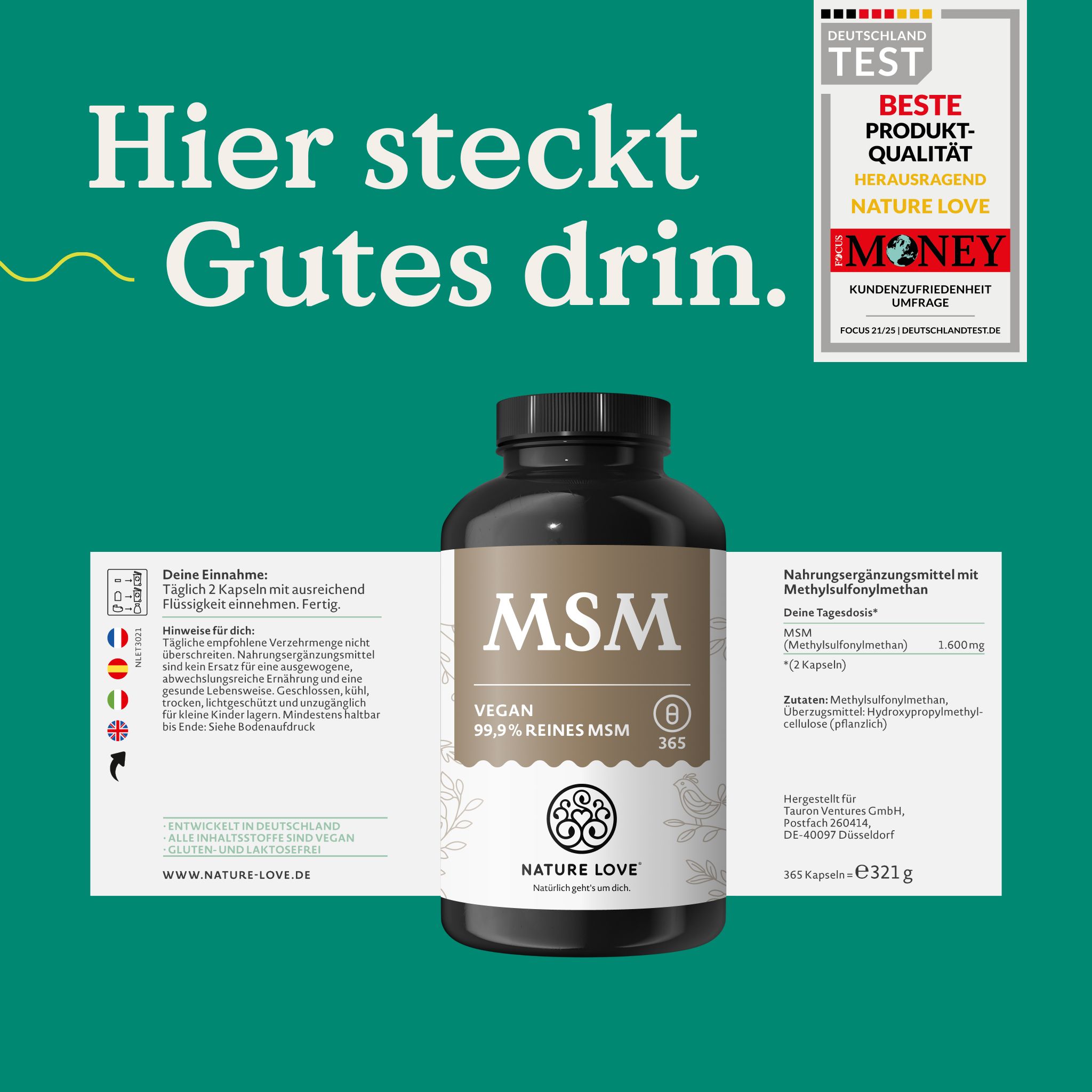 Flasche mit MSM-Kapseln, 99,9% reines MSM, vegan, 321g.
