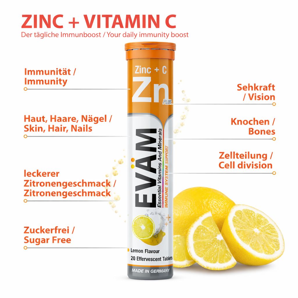 Brausetabletten-Tube mit EVÄM Vitamin C + Zink. Text: Zink + Vitamin C. Immunsystem, Haut, Haare, Nägel. Zitrone.