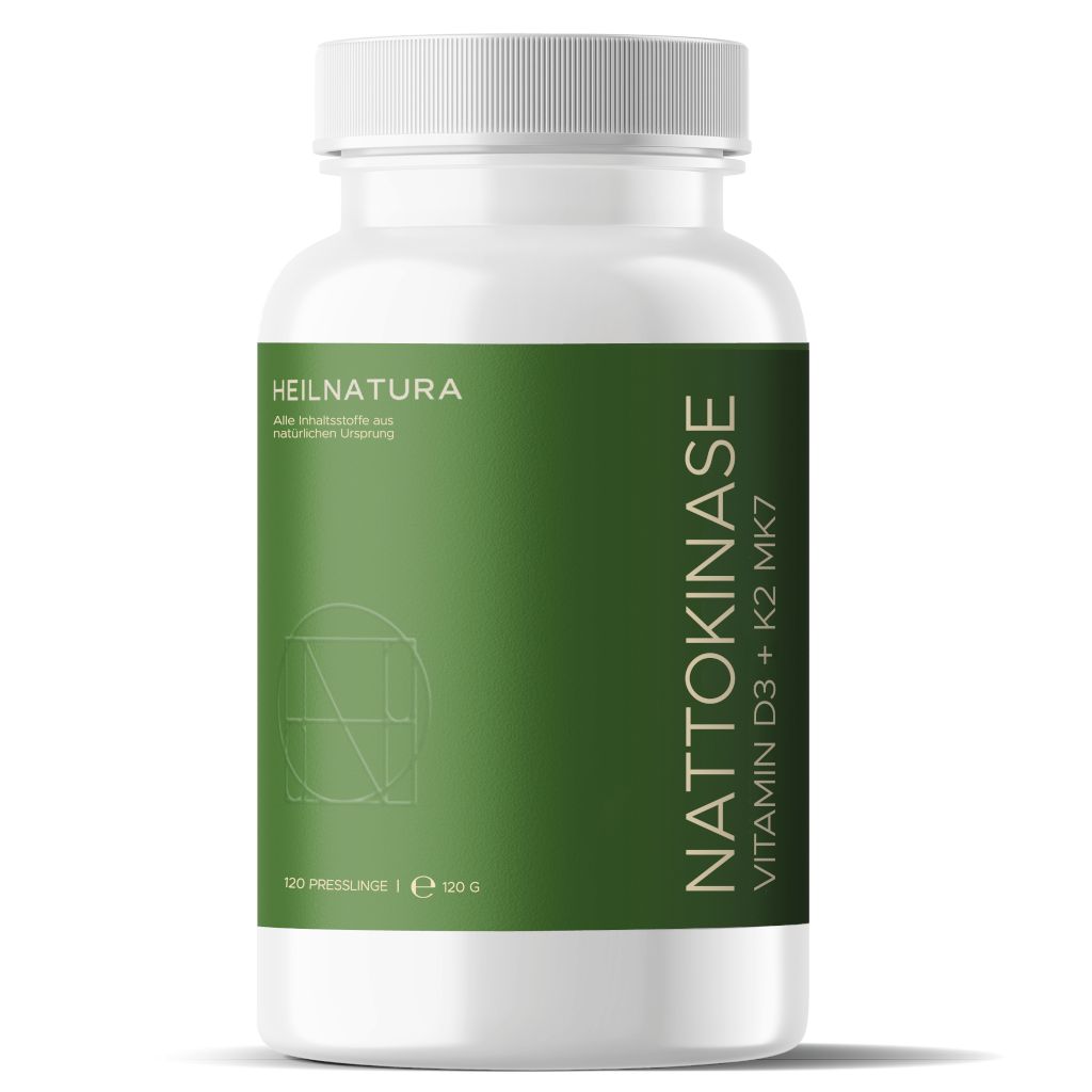 Weiße Dose mit grünem Etikett: Heilnatura Nattokinase Vitamin D3 + K2 MK7.