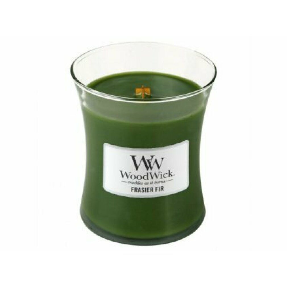 Sanduhrförmige Kerze mit grünem Wachs. Auf dem Etikett steht WoodWick und Frasier Fir. Glasbehälter mit Holzdocht.