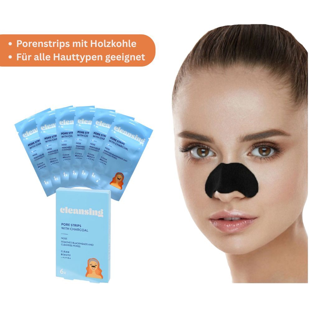 Frau mit Nasenstrip. Daneben Verpackung und einzelne Porenstrips. Aufschrift "cleansing" und "Pore Strips with Charcoal".