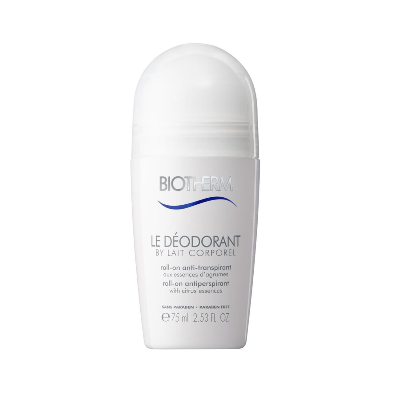 Weißer Roll-On-Deo von BIOTHERM. Produktname und Text in Blau. Volumen: 75 ml.