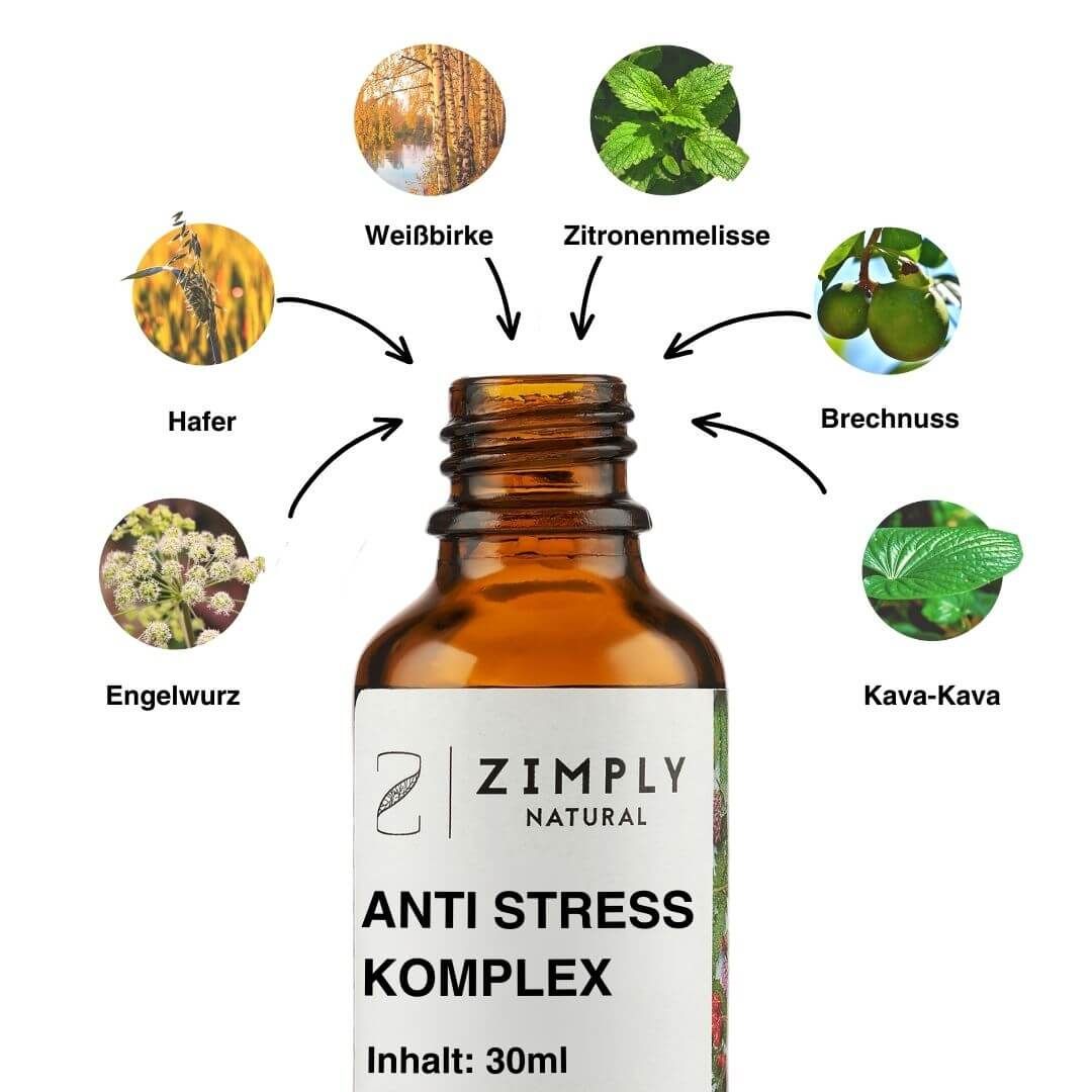 Braune Glasflasche mit weißem Etikett. Text: ANTI STRESS KOMPLEX. Inhalt: 30ml. Abbildungen von Pflanzen: Engelwurz, Hafer, Weißbirke, Zitronenmelisse, Brechnuss, Kava-Kava.