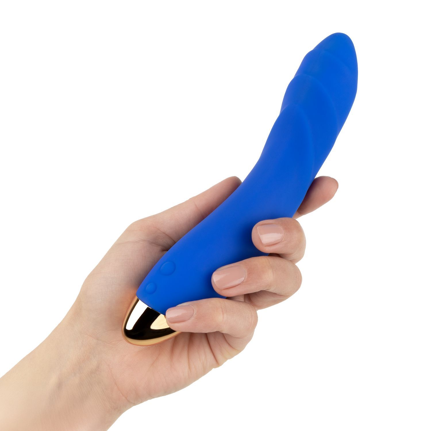 Blauer Vibrator mit goldener Spitze, gehalten in einer Hand.