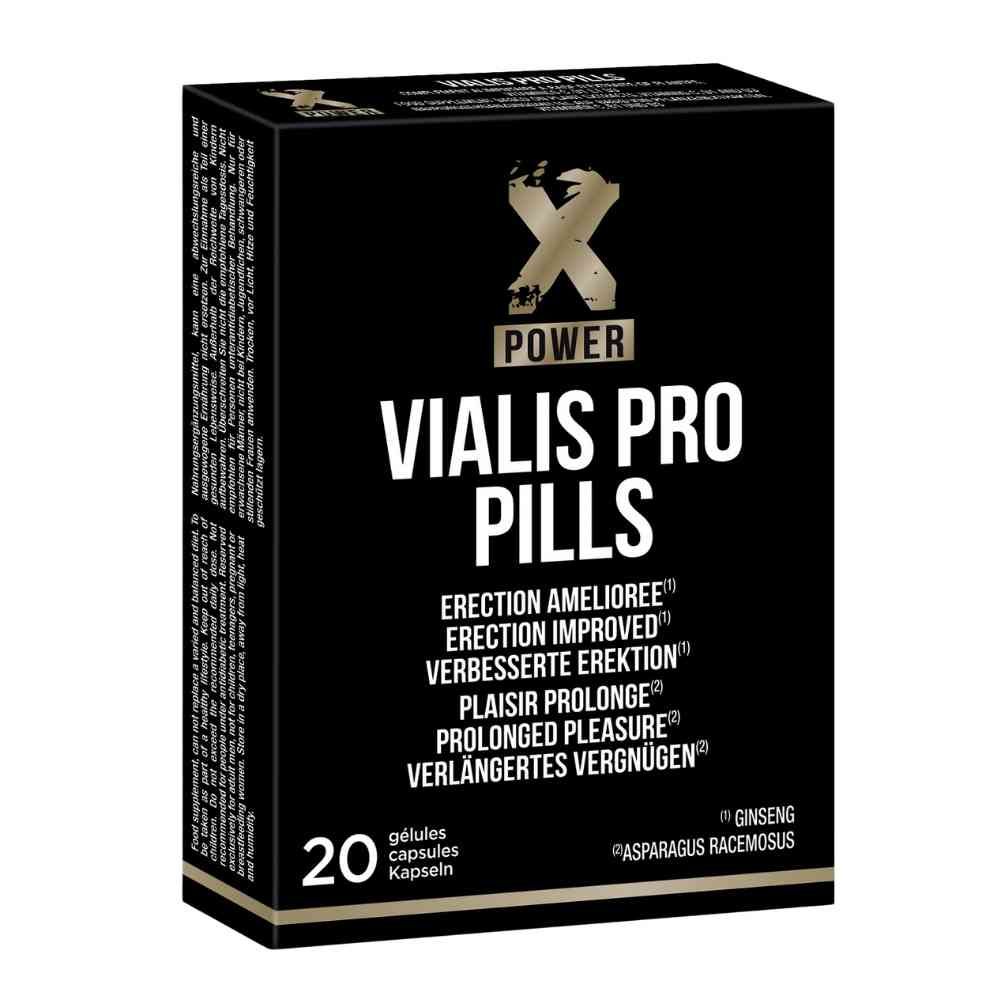 Schwarze Verpackung mit weißer Schrift. "VIALIS PRO PILLS" und "20 capsules" sind sichtbar. Enthält Ginseng und Spargel.