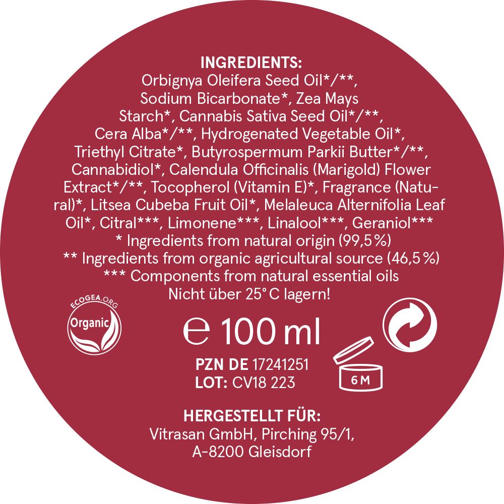 Runder roter Deckel mit Inhaltsstoffen, 100 ml, Öko-Siegel, PZN-Nummer, Haltbarkeitssymbol, Herstelleradresse.