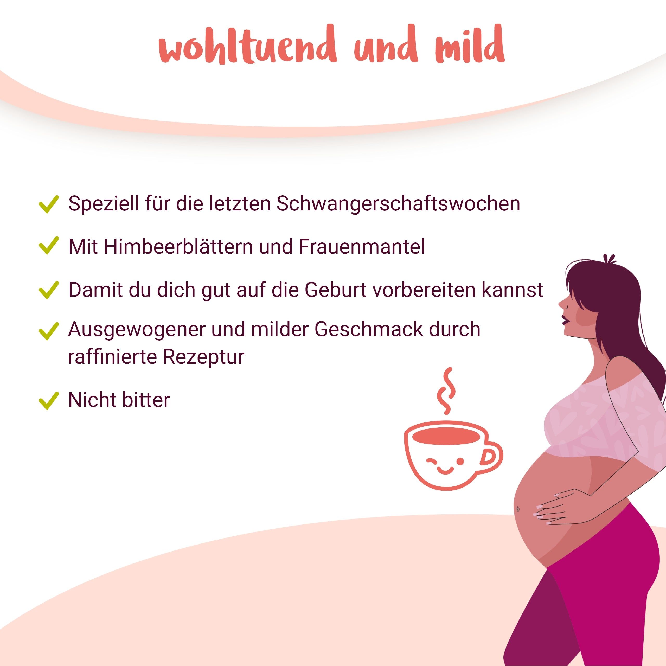 Illustration einer schwangeren Frau. Text: Speziell für die letzten Schwangerschaftswochen. Mit Himbeerblättern und Frauenmantel.