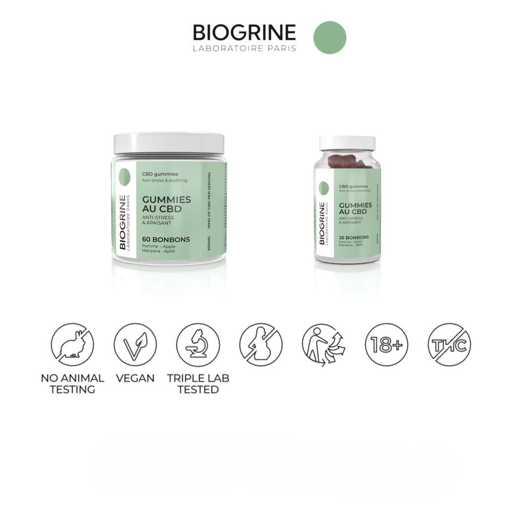 Zwei Gläser mit CBD-Gummis. Aufschrift: GUMMIES AU CBD. Logos: Kein Tierversuch, Vegan, Laborgeprüft, 18+, THC-frei. Marke: BIOGRINE.