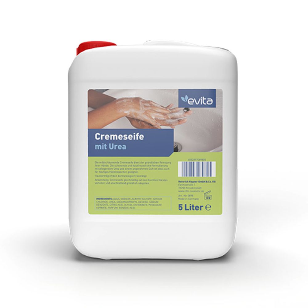 Weißer Kanister mit rotem Deckel. Aufkleber mit Produktbild und Text: Cremeseife mit Urea. 5 Liter.
