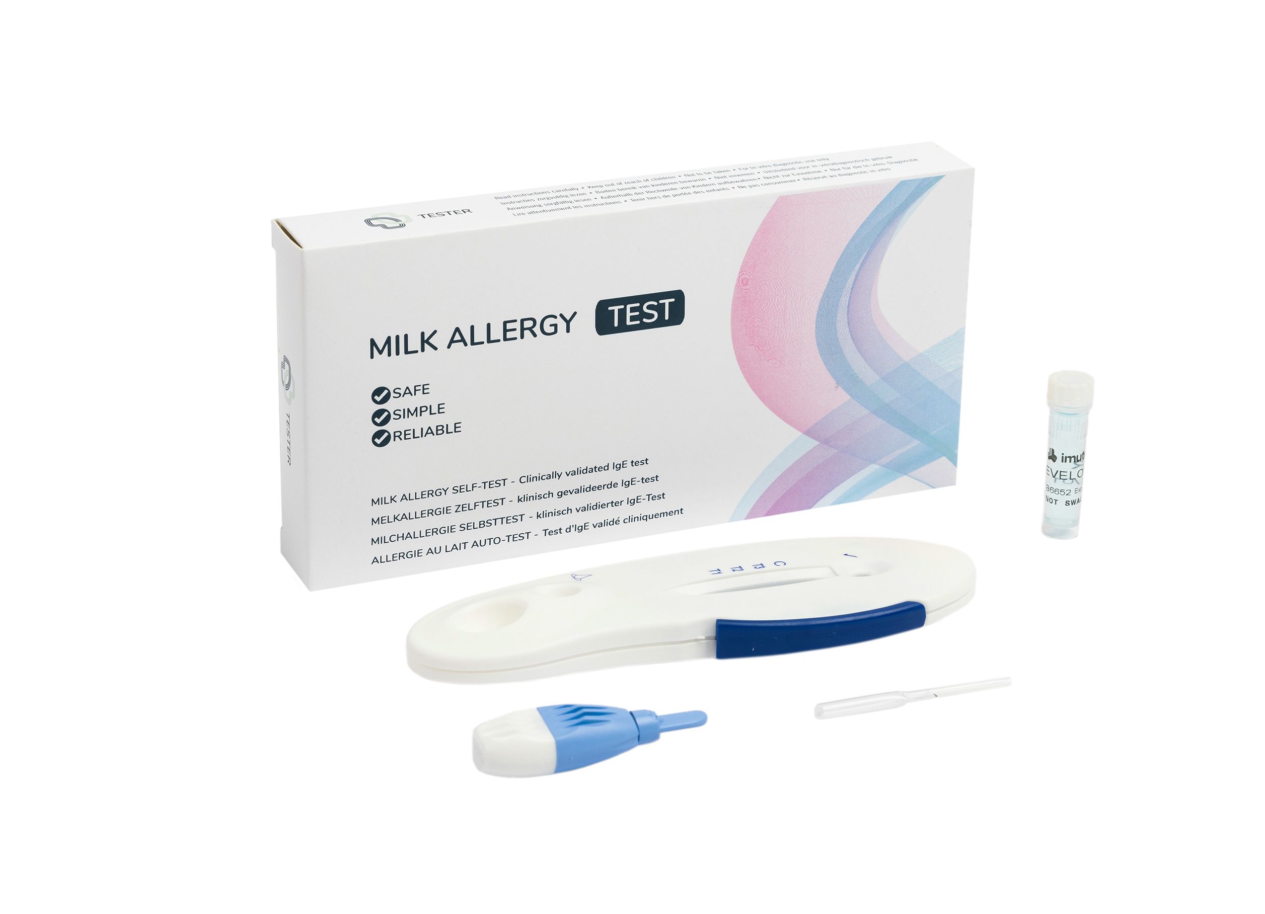 Milchallergie Test-Kit mit Teststreifen, Lanzette, Röhrchen und Anweisungen. Verpackung mit Produktnamen.