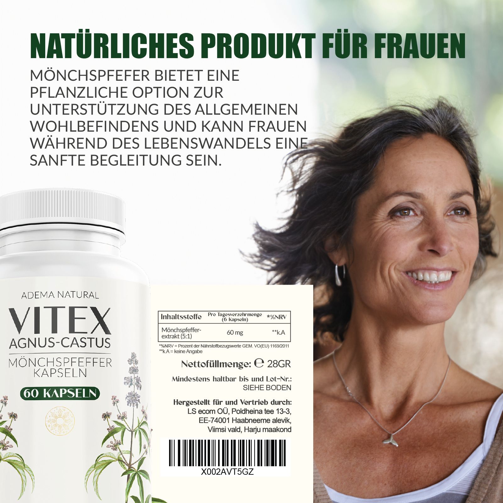 Frau neben Produktflasche. Text: Natürliches Produkt für Frauen. Informationen zu Inhaltsstoffen und Hersteller. Illustrationen.