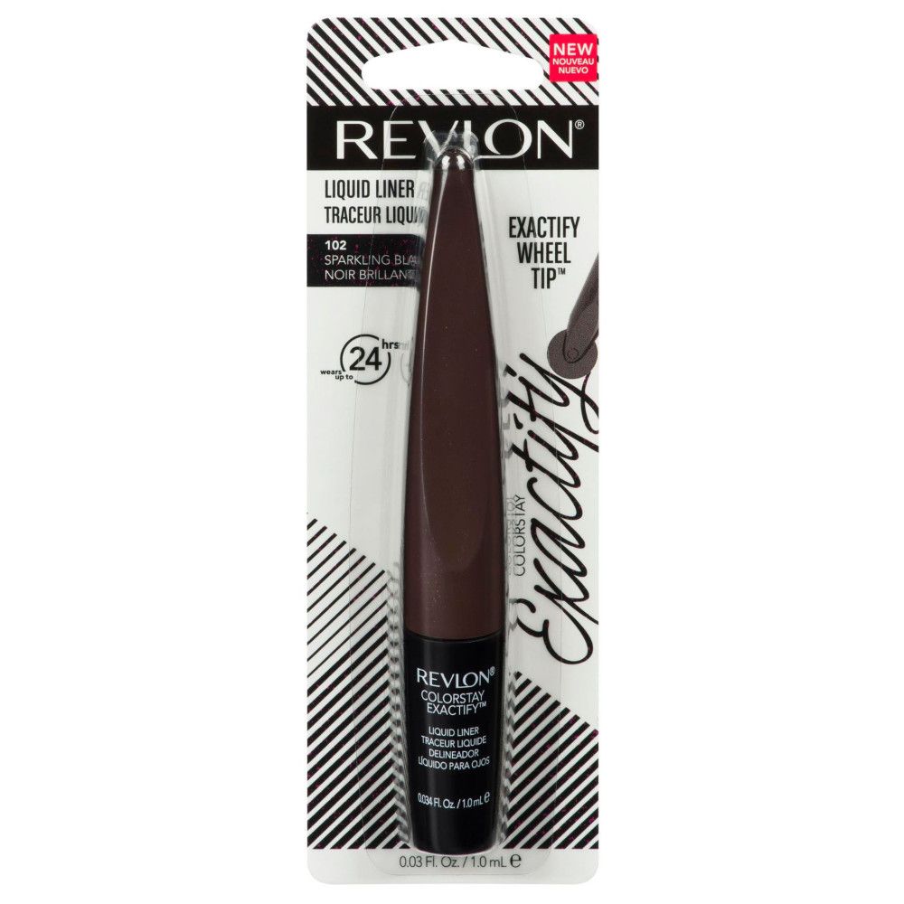 Revlon Colorstay Exactify Flüssiger Eyeliner. Schwarze Verpackung mit Produkt. Schwarzer Eyeliner mit Radspitze. "NEW" Aufkleber.