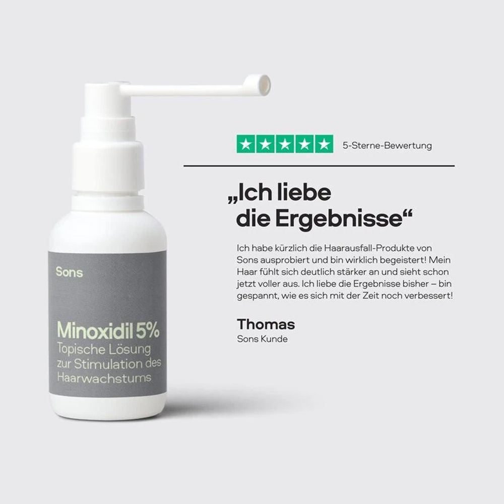 Weiße Flasche mit Minoxidil 5% und Applikator. Text: „Ich liebe die Ergebnisse“. 5-Sterne-Bewertung.