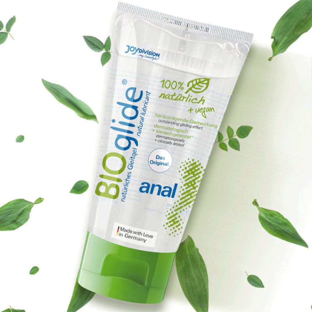 Tube mit transparentem Gel und grünem Verschluss. Aufschrift: BIOglide, anal. 100% natürlich + vegan.