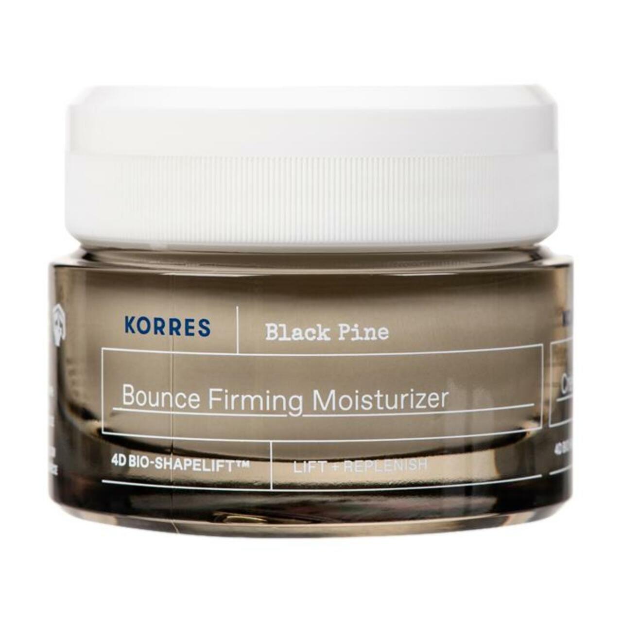 Glasbehälter mit weißem Deckel. Aufschrift: KORRES, Black Pine, Bounce Firming Moisturizer. 4D BIO-SHAPELIFT.