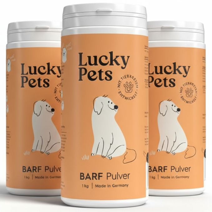 Drei Dosen Barf Pulver. Aufschrift: Lucky Pets. Barf Pulver. 1 kg. Made in Germany. Illustration eines Hundes.