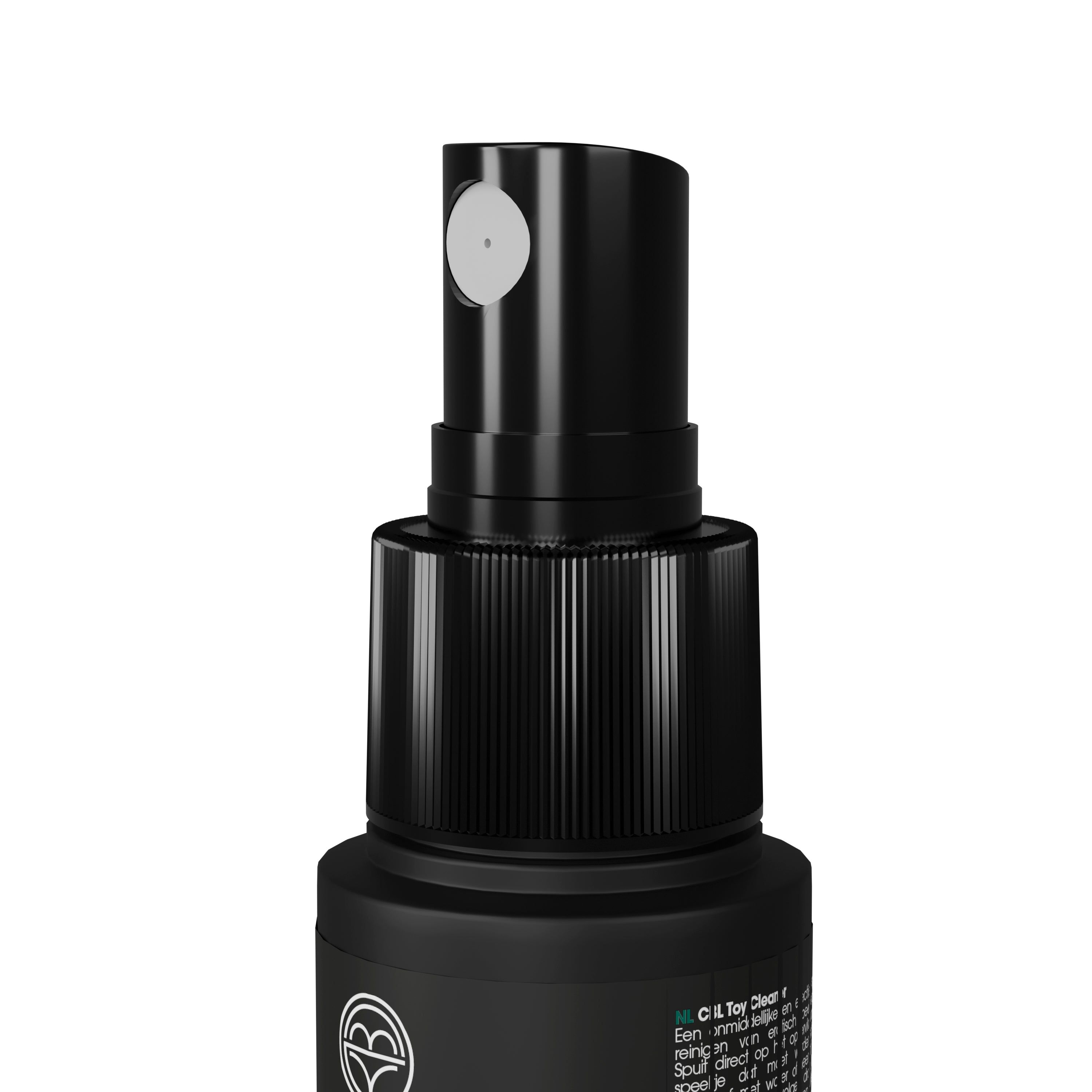 Nahaufnahme des Sprühkopfes einer schwarzen Flasche. Grauer Sprühknopf.