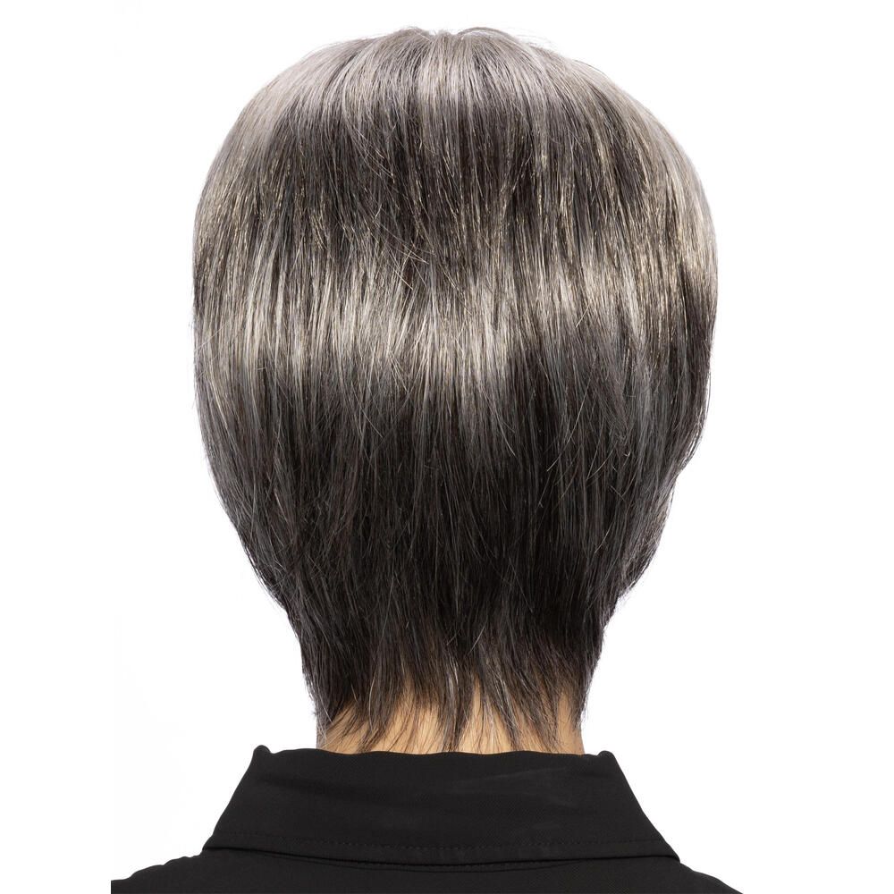 Kurzhaarperücke. Graue und blonde Strähnen. Frau mit schwarzem Hemd. Rückansicht.