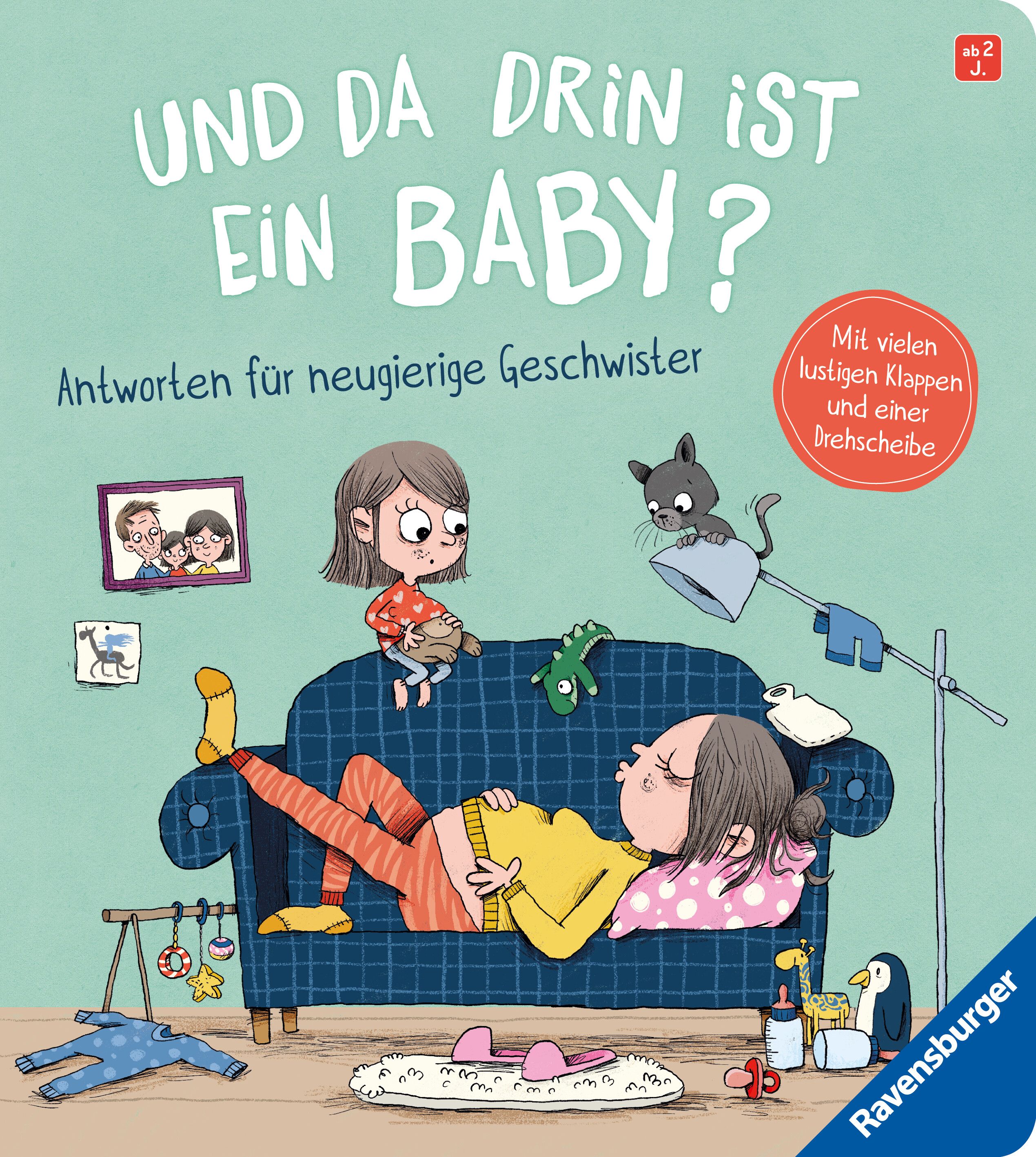 Buchcover: Titel "Und da drin ist ein Baby?" mit Illustrationen. Eine schwangere Frau liegt auf einem Sofa, umgeben von Spielzeug.