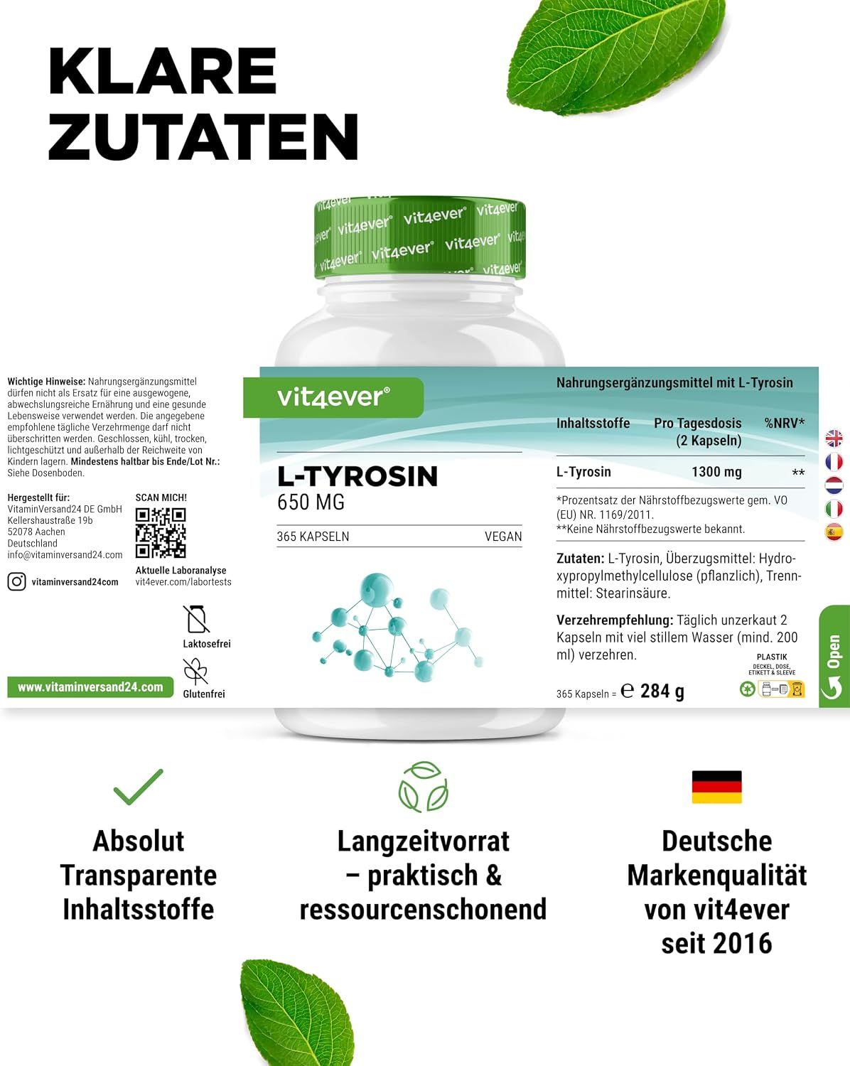 Vit4ever L-Tyrosin Dose mit Nährwertangaben und Siegeln: Vegan, Glutenfrei, Laktosefrei.