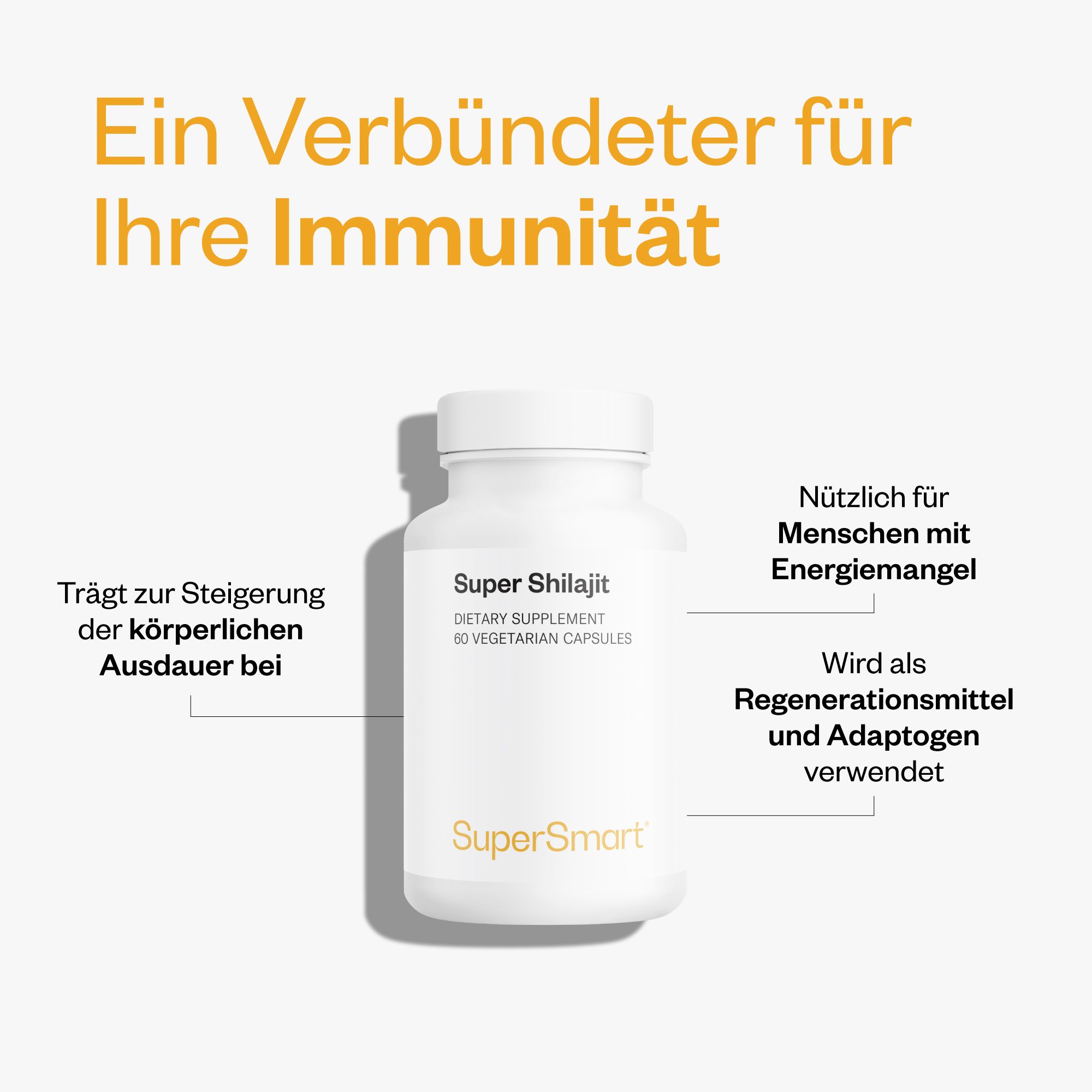 Weiße Flasche Super Shilajit, 60 vegetarische Kapseln. Text: Trägt zur Steigerung der körperlichen Ausdauer bei.
