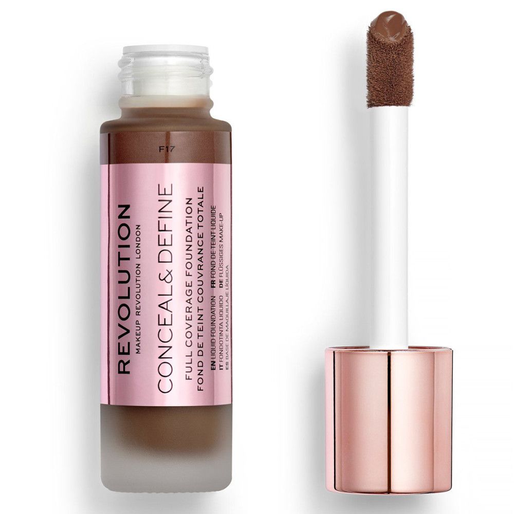 Flüssige Foundation in Glasflasche mit Applikator. Rosa Etikett mit Produktnamen und Marke. Deckel und Applikator in Roségold.