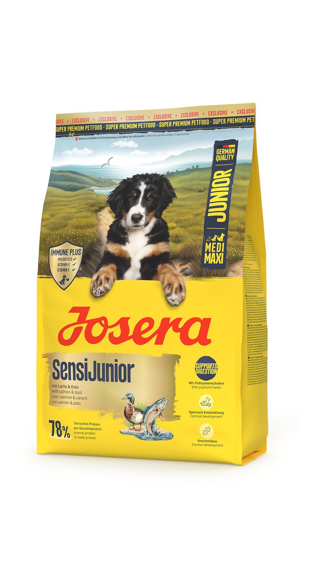Gelber Beutel mit Aufdrucken. Enthält Futter für Junghunde. Marke: JOSERA SensiJunior. Mit Abbildung eines Hundes und einer Ente.