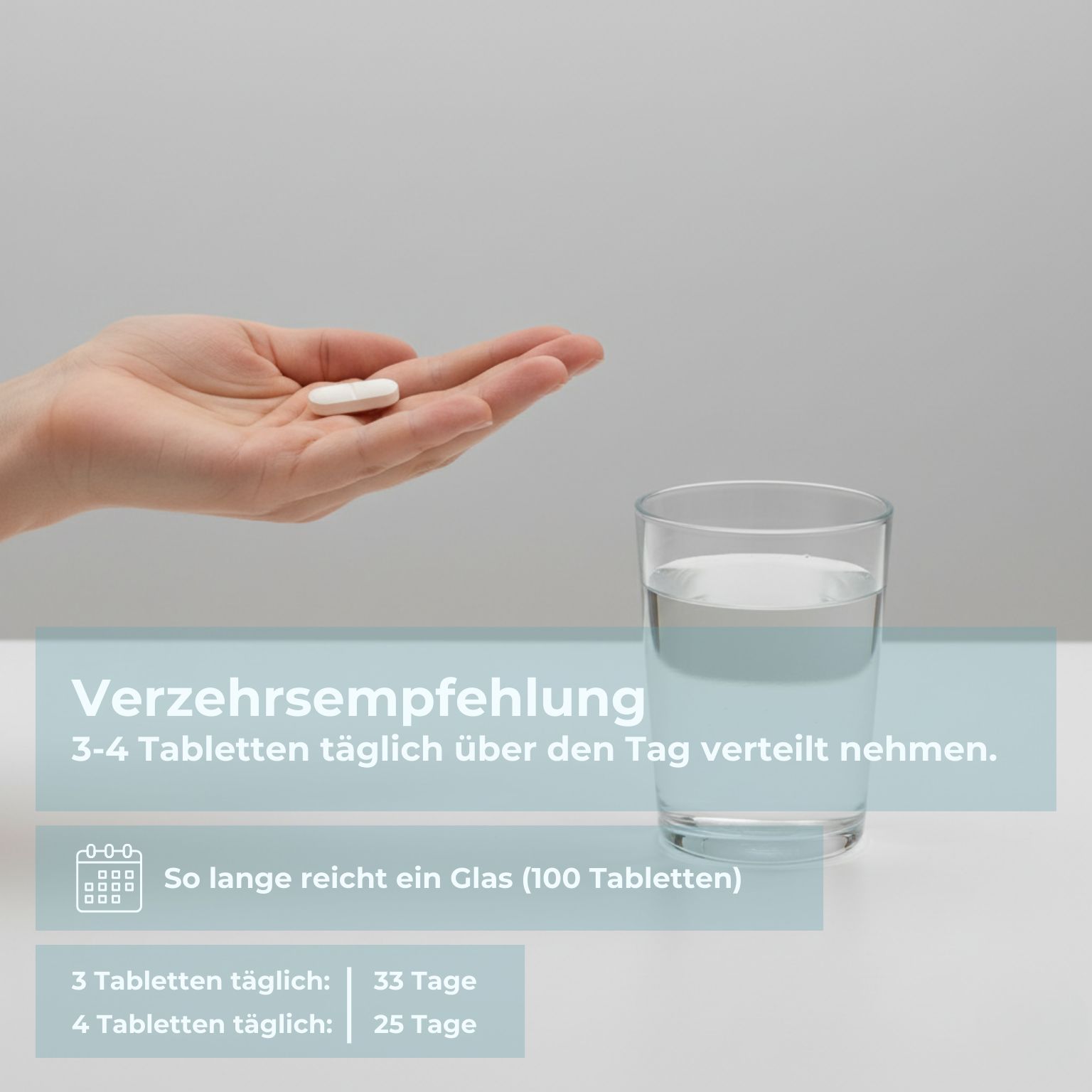 Hand mit Tablette, Glas Wasser. Text: Verzehrempfehlung: 3-4 Tabletten täglich. Angaben zur Einnahmedauer.