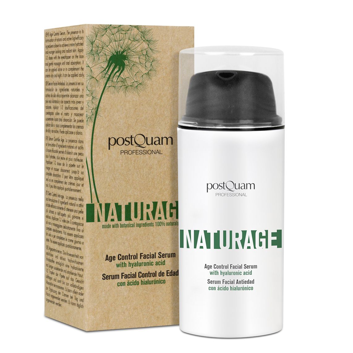 Serum-Flakon und Kartonverpackung. Aufschrift: Postquam, INATURAGE, Age Control Facial Serum. Verpackung aus braunem Karton.