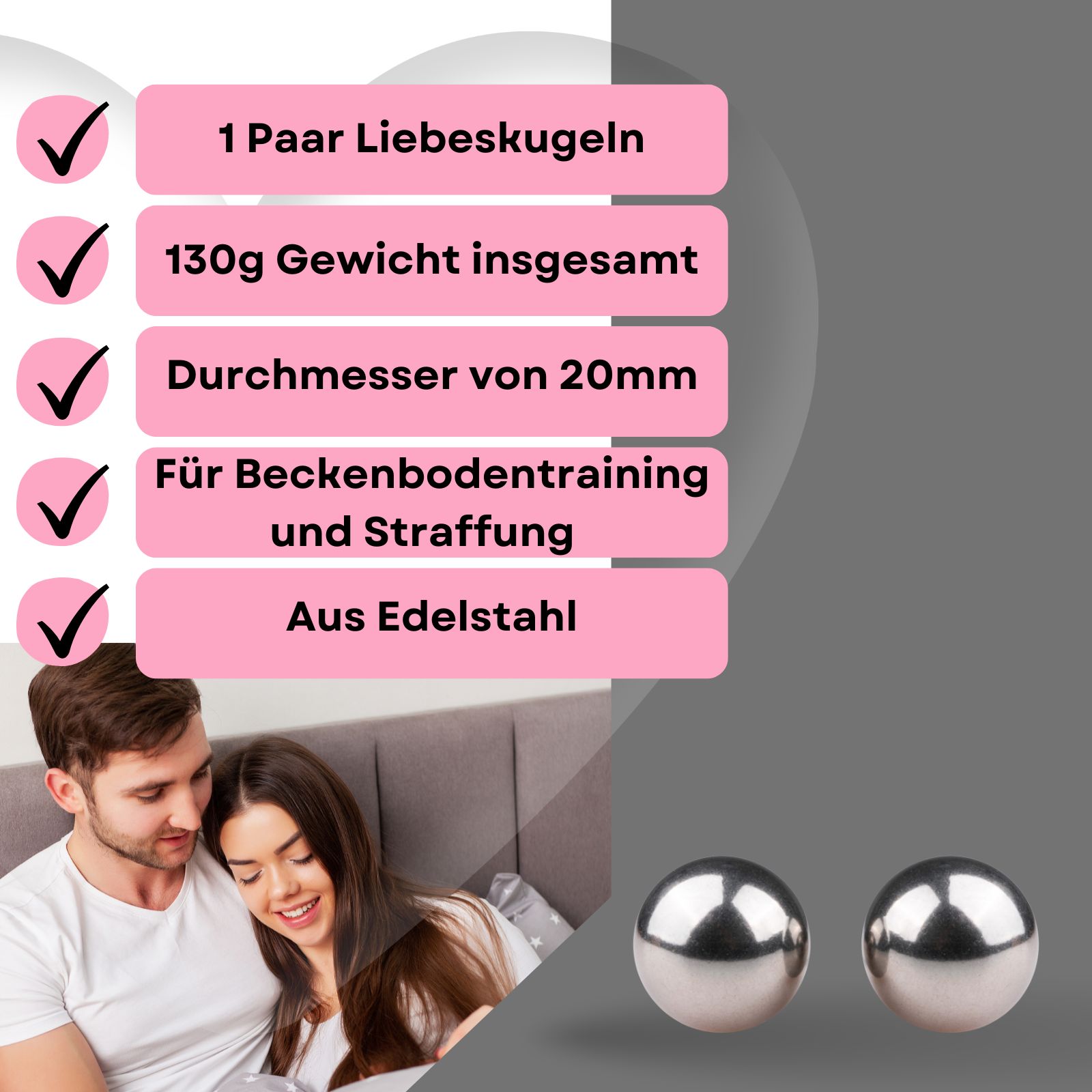 Zwei metallische Kugeln neben Text. Text: 1 Paar Liebeskugeln, 130g Gewicht, 20mm Durchmesser, Edelstahl.
