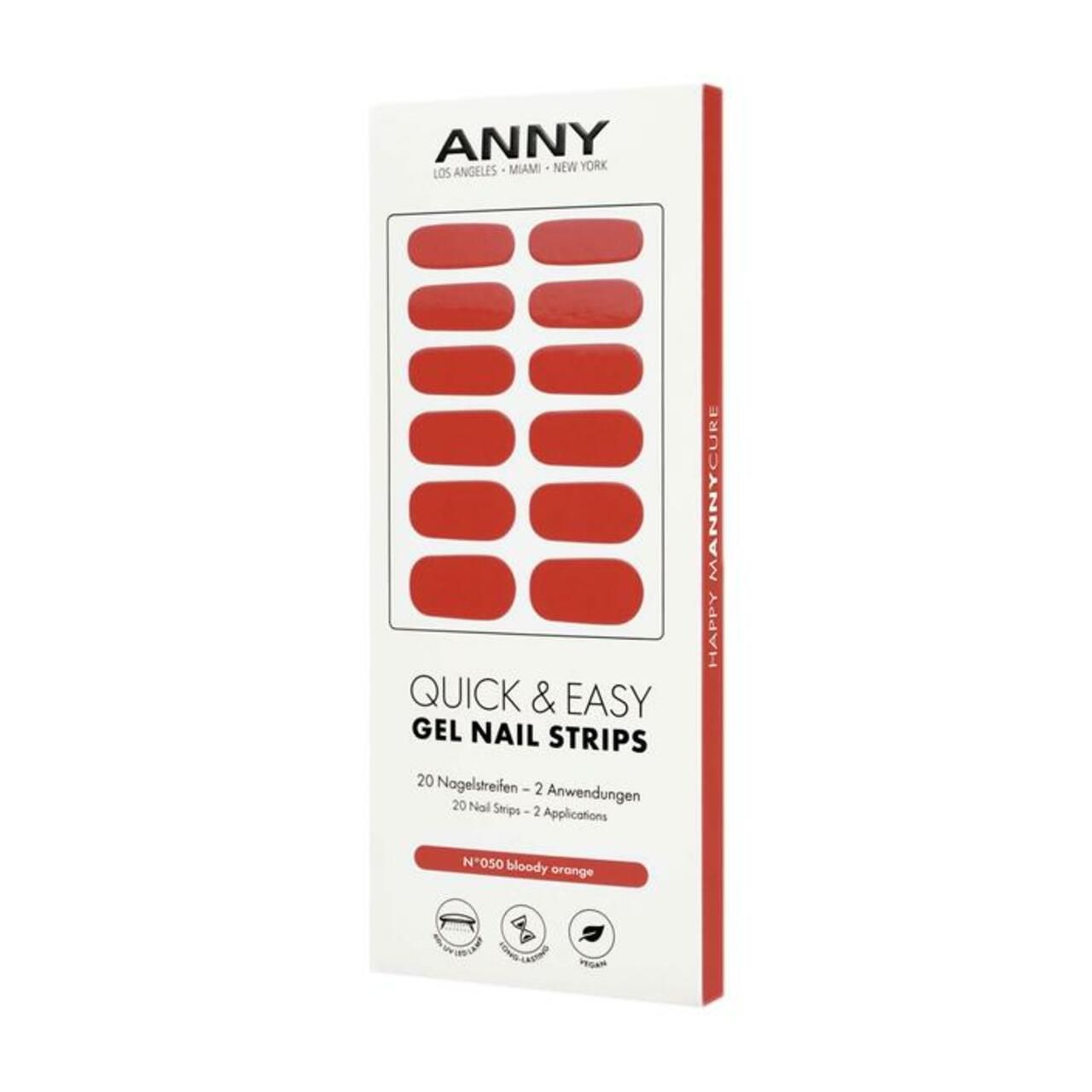 Verpackung mit ANNY Quick & Easy Gel Nail Strips. Rote Nagelstreifen, 20 Stück. Text: "bloody orange".