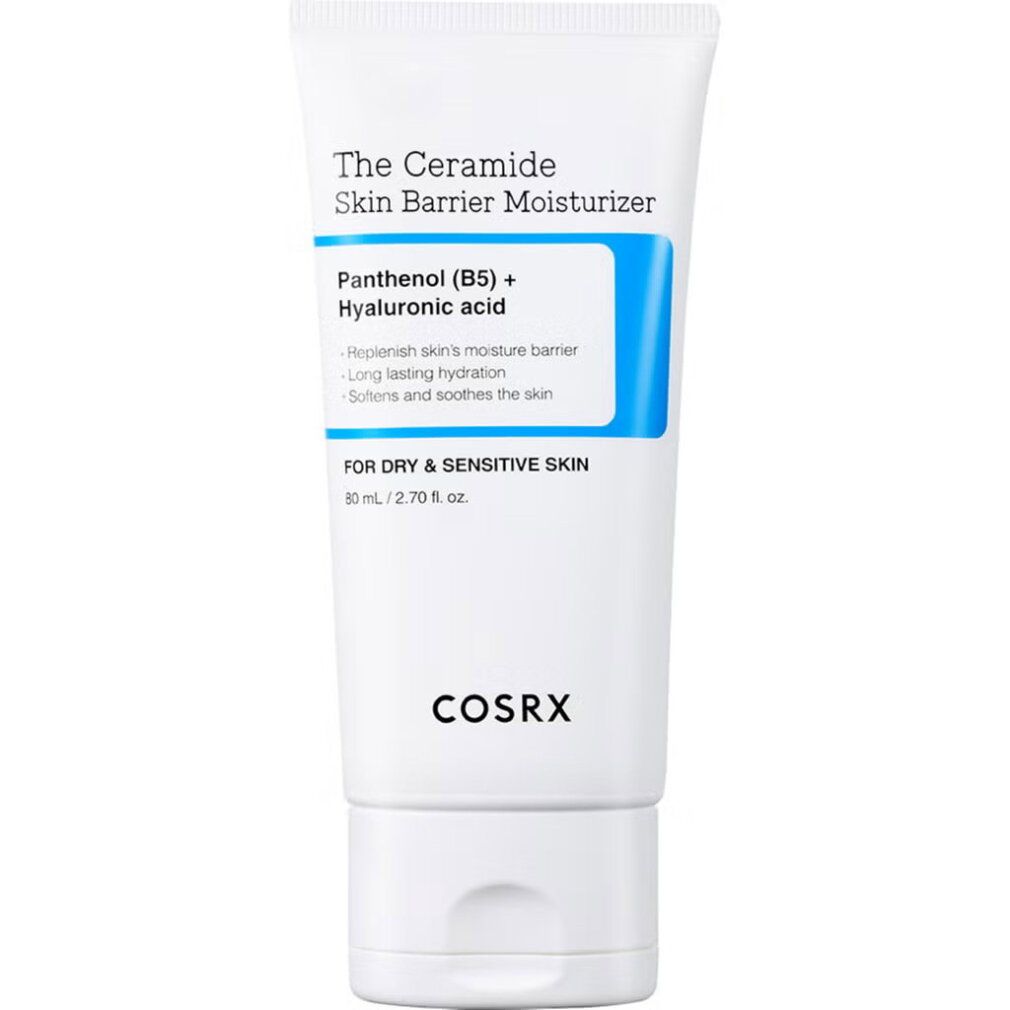 Weiße Tube der COSRX Ceramid-Hautbarriere-Feuchtigkeitscreme mit blauer Beschriftung.
