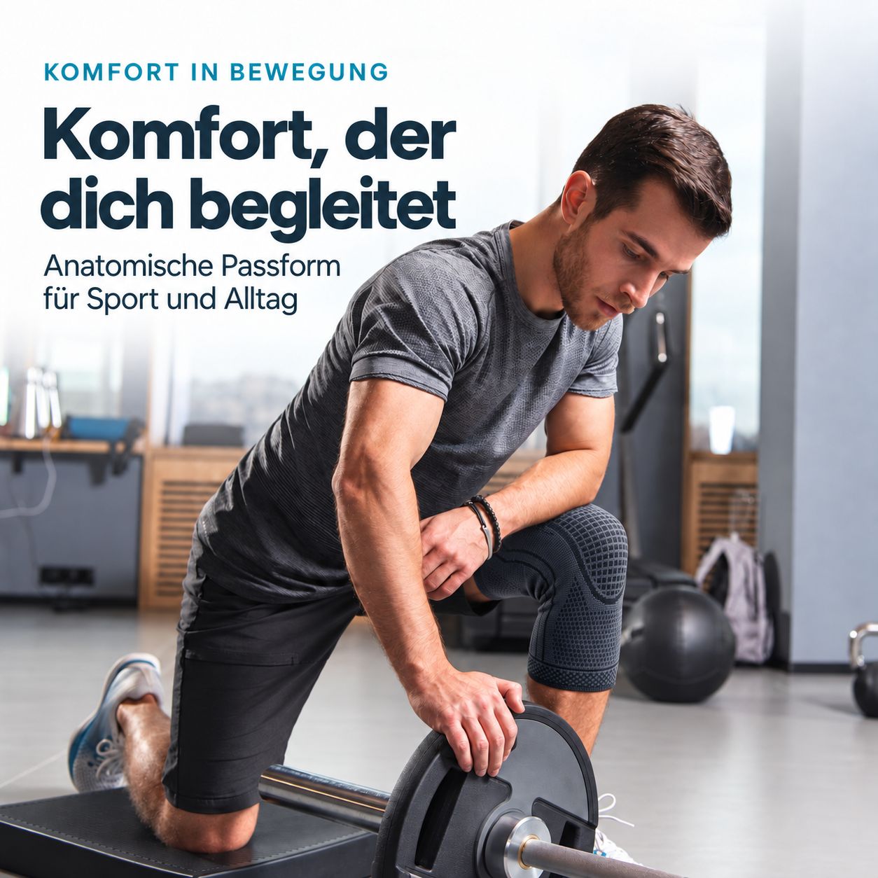 Mann im Fitnessstudio mit Kniebandage, legt Gewicht auf Hantelstange. Anatomische Passform für Sport und Alltag.