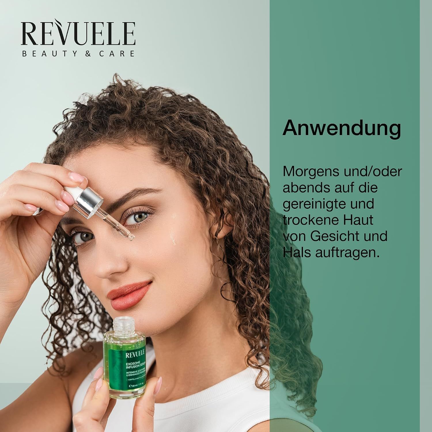 Revuele Exosome Infusion Serum Flasche mit Pipette und Anwendungshinweisen.