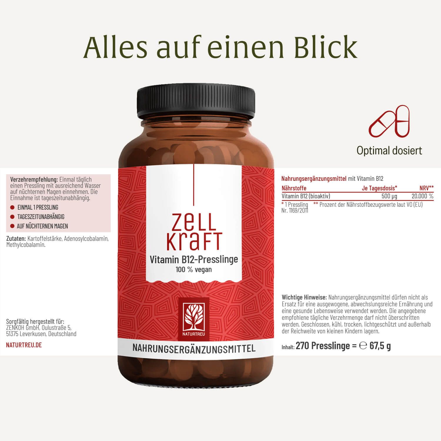 Braune Glasflasche mit schwarzem Schraubverschluss, gefüllt mit Zellkraft Vitamin B12-Presslingen, 100% vegan.