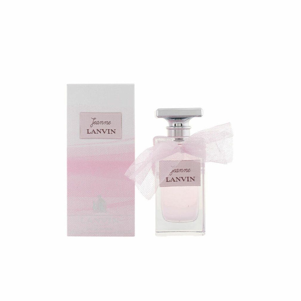 Glasflakon und Verpackung. Flakon mit rosa Flüssigkeit. Verpackung weiß mit rosa Farbverlauf. Aufschrift: Jeanne LANVIN.