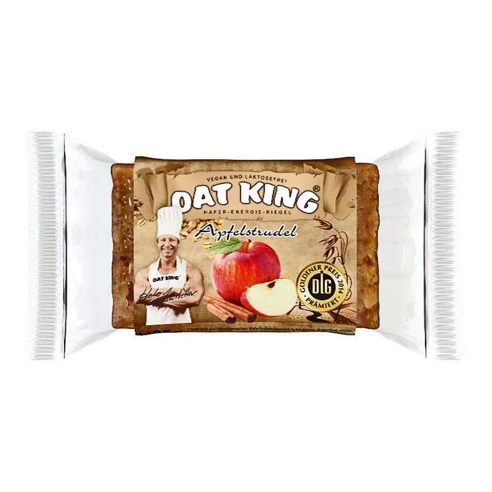 Verpackte OAT KING Apfel Strudel Energie-Riegel. Aufdruck mit Apfel, Zimt, Koch und Logo. OLG-Prämierung.