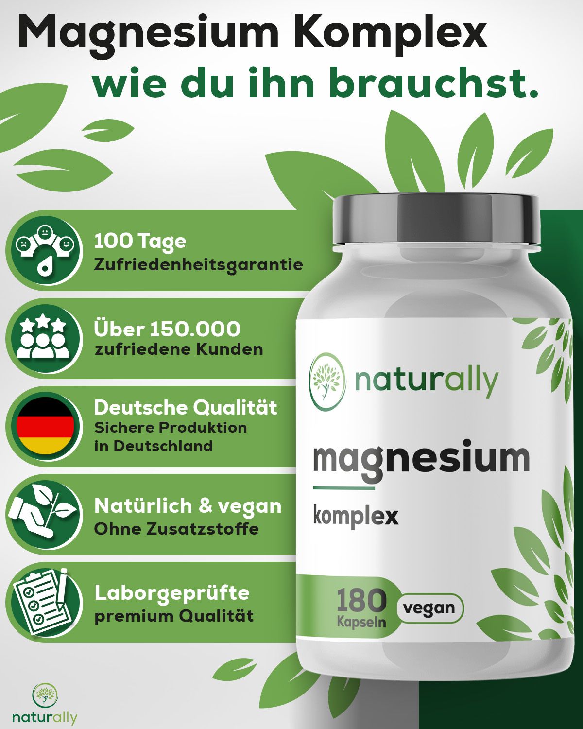 Weißes Glas mit Kapseln. Aufschrift: naturally magnesium komplex. 180 Kapseln, vegan. Text und Icons.