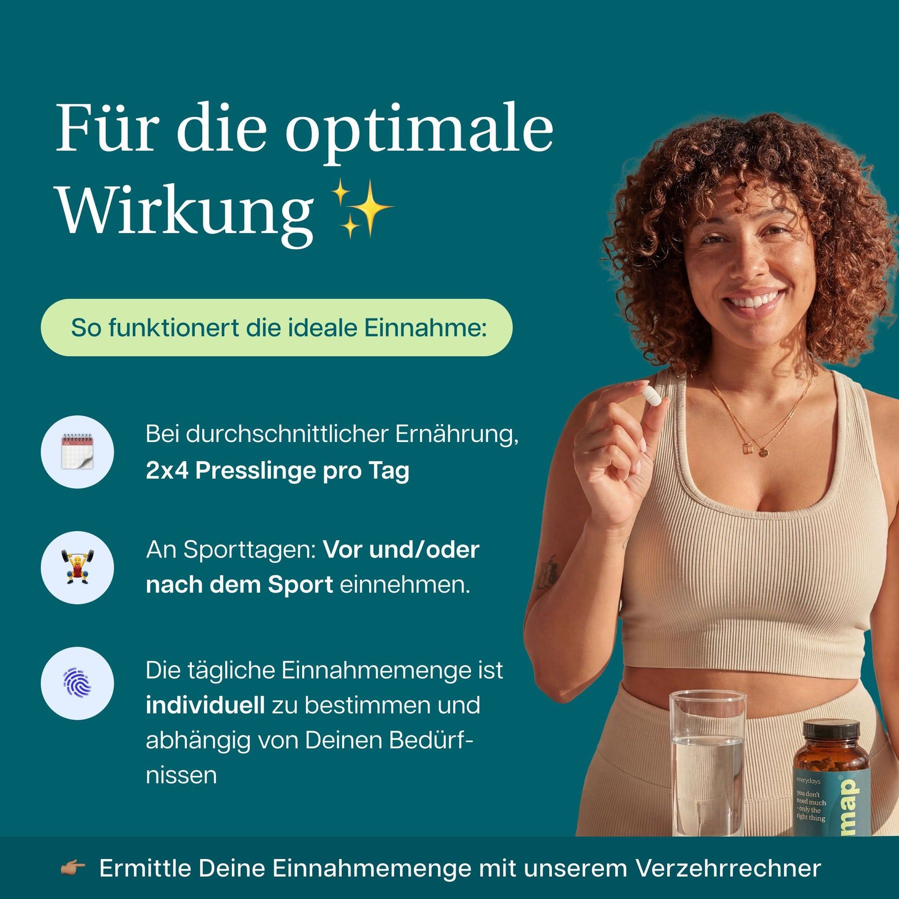 Frau hält Pressling und Glas Wasser. Text: "Bei durchschnittlicher Ernährung, 2x4 Presslinge pro Tag". Braune Glasflasche mit smap-Etikett.