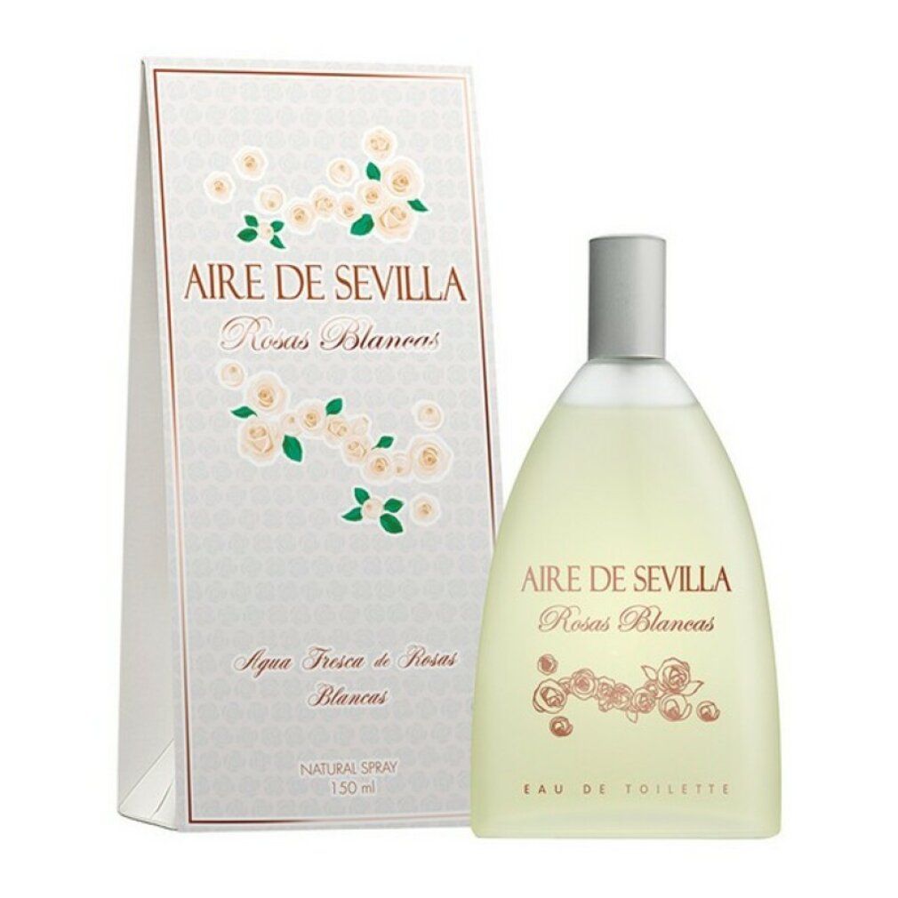 Parfümflasche und Schachtel. Aufschrift: Aire de Sevilla Rosas Blancas Eau de Toilette. Weiße Blüten auf der Verpackung.