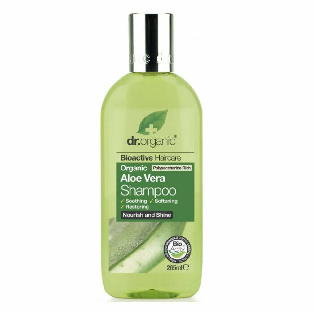 Grüne, ovale Flasche mit Aloe Vera Shampoo. Marke: Dr. Organic. Text: Bioactive Haircare, Organic Aloe Vera Shampoo. Mit silbernem Deckel.