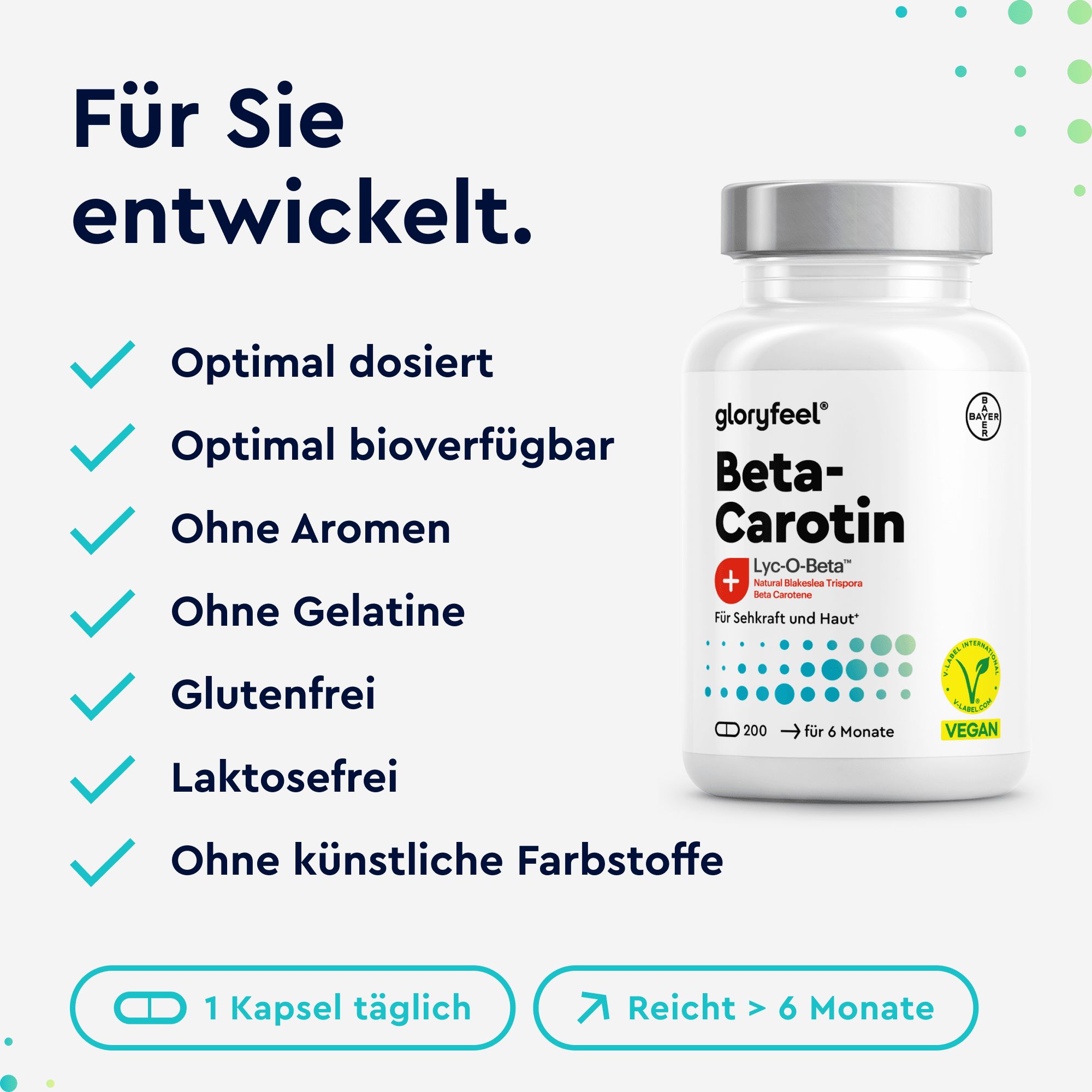 Weiße Flasche mit Kapseln. Aufschrift: gloryfeel Beta-Carotin. Vegan-Siegel. Text: Optimal dosiert, ohne Aromen, glutenfrei, laktosefrei.