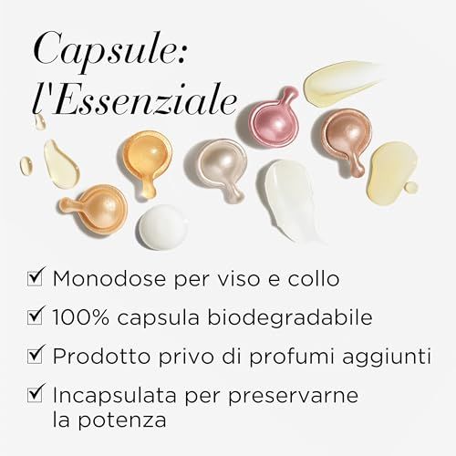 Nahaufnahme von Serumkapseln und Cremes. Verschiedene Farben und Formen. Text: Monodosis per viso e collo, 100% capsula biodegradabile.