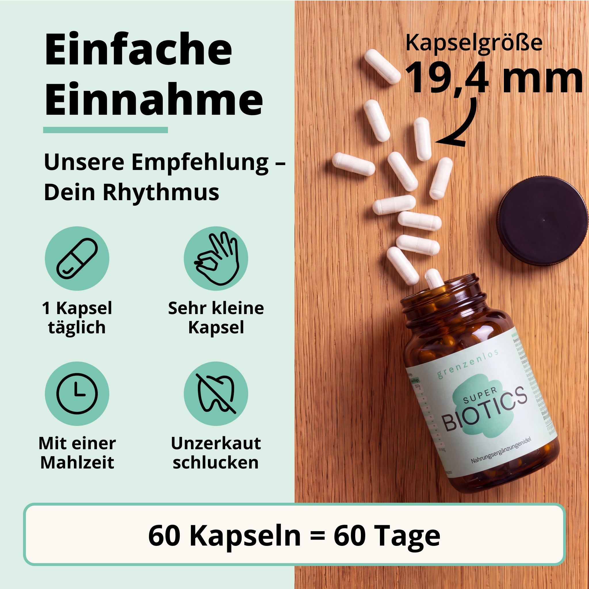 Flasche grenzenlos SUPER BIOTICS, Kapseln und Kapselgröße (19,4 mm). Text: 'Einfache Einnahme', '1 Kapsel täglich', 'Sehr kleine Kapsel', 'Mit einer Mahlzeit', 'Unzerkaut schlucken', '60 Kapseln = 60 Tage'.