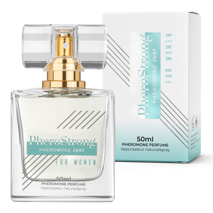 Glasflakon und Verpackung. Flakon: quadratisch, goldfarbener Sprühkopf. Verpackung: weiß, Aufschrift: PheroStrong, Pheromone Just, For Women. 50ml.