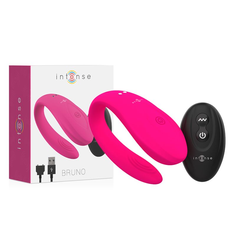 Paar-Vibrator und Fernbedienung mit Verpackung. Die Verpackung trägt den Namen "Intense" und "Bruno".