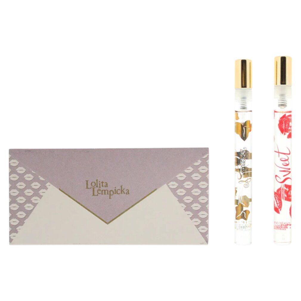 Geschenkset mit zwei Parfümflakons und einer lilafarbenen Hülle mit Lippenmuster. Der Schriftzug "Lolita Lempicka" ist sichtbar.