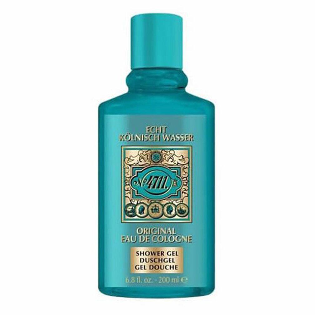Türkisgrüne Flasche mit Klappverschluss. Aufschrift: Echt Kölnisch Wasser, 4711, Original Eau de Cologne, Shower Gel, Duschgel, Gel Douche.