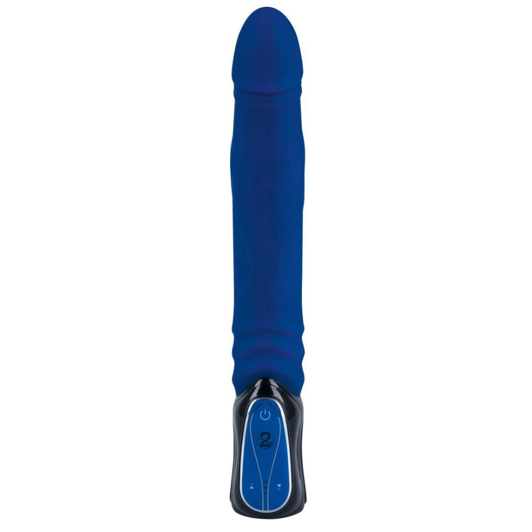Blauer Vibrator mit Stoßfunktion. Schwarzer Griff mit Bedienfeld. Auf dem Griff ist das Logo von You2Toys zu sehen.